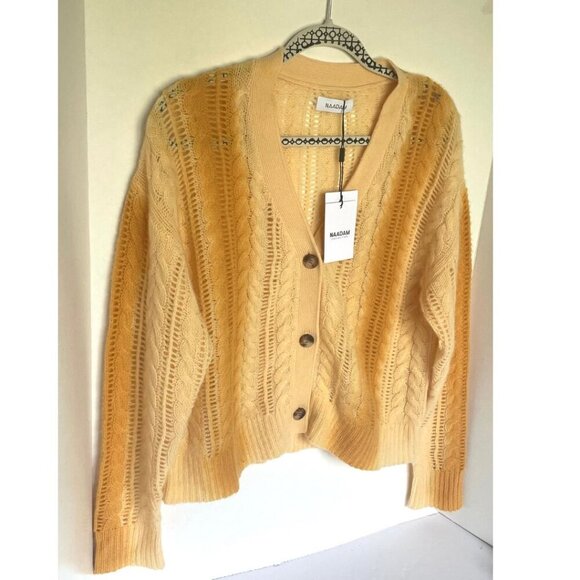 Naadam Lofty Cable Knit Cashmere Cardigan Large Yellow Ombre V-Neck Sweater - Picture 3 of 8